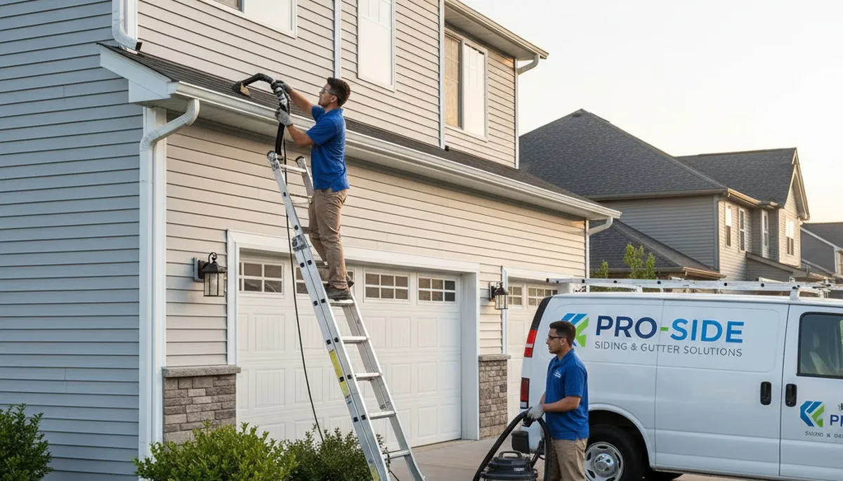 Technician performing gutter cleaning on a Tulsa OK home exterior with durable vinyl siding