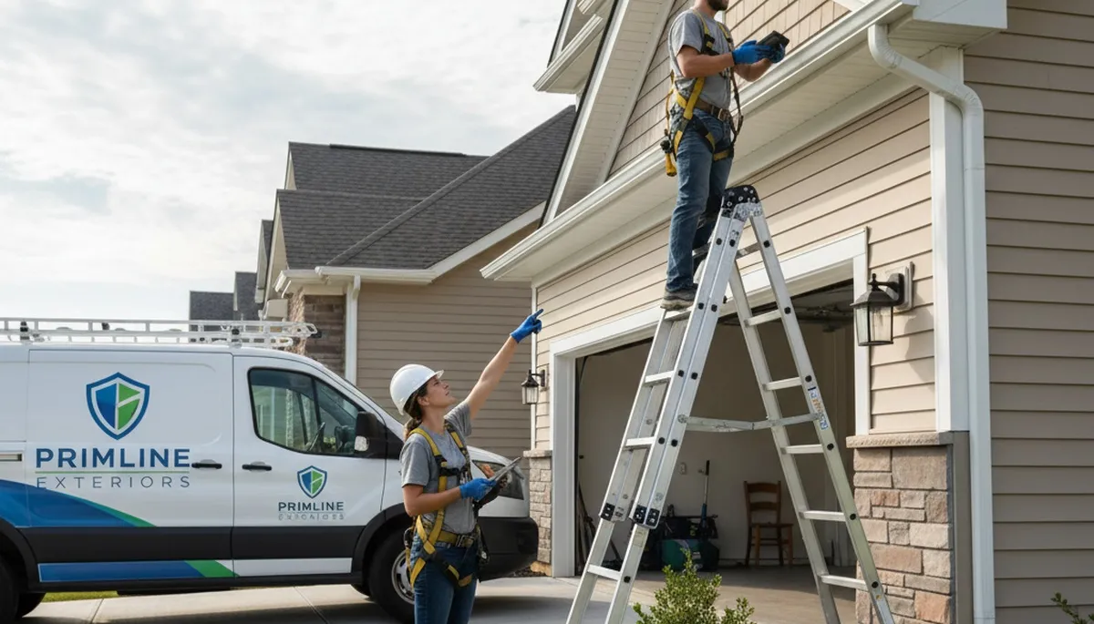 Technician performing vinyl siding and gutter inspection on Tulsa OK home exterior